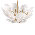 Round white glass petal chandelier seen from below at an angle.