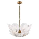 Round white glass petal chandelier with brass-tone suspension.