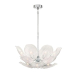 Round white glass petal chandelier with silver-tone suspension.
