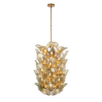 Tall gold glass petal chandelier with its suspension and canopy.