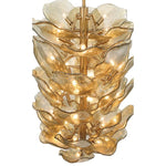 Tall layered gold glass petal chandelier seen from the side.
