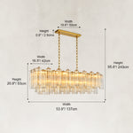 Dimension drawing of the layered linear glass chandelier and its suspension.