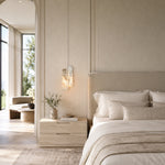 Layered White Marble Blade Pendant installed beside a bed in a furnished bedroom