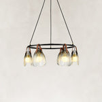 Leather-Suspended Ribbed Glass Chandelier in Brown leather and matte black - alternate angle