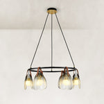 Leather-Suspended Ribbed Glass Chandelier in Brown leather and matte black - complete fixture