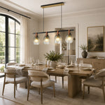 Leather-Suspended Ribbed Glass Linear Chandelier in Brown leather and matte black - interior setting