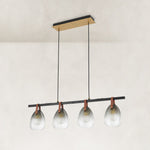 Leather-Suspended Ribbed Glass Linear Chandelier in Brown leather and matte black - material detail