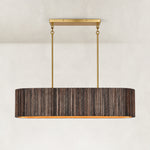 Dark linear ribbed wood chandelier with a gold-tone interior and two suspension rods.
