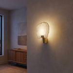 Terra Slice Half Moon Alabaster Wall Sconce by Dalmivik, complete fixture view