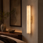 Linear Rod Tall Alabaster Column Wall Sconce by Dalmivik, complete fixture view