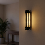 Lantern Box Round Cage Alabaster Wall Sconce by Dalmivik, complete fixture view