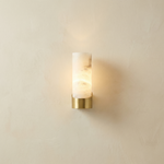 Cylinder Wrap Alabaster Brass Tube Wall Sconce by Dalmivik, complete fixture view