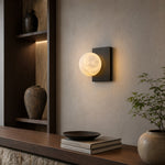 Rectangular Plate Side Orb Alabaster Wall Sconce by Dalmivik, complete fixture view