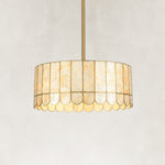 Mother-of-Pearl Drum Pendant Light 18.1" in Aged brass, complete fixture close view