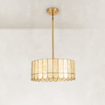 Mother-of-Pearl Drum Pendant Light 18.1" in Aged brass, complete fixture light off