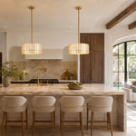 Mother-of-Pearl Drum Pendant Light 18.1" in Aged brass, room setting two