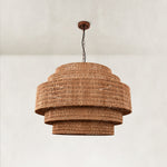 Natural woven drum chandelier fixture detail.