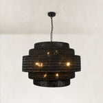 Black woven drum chandelier fixture detail.