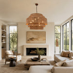 Natural woven drum chandelier room scene.