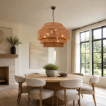 Natural woven drum chandelier room scene.