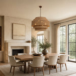 Natural woven drum chandelier room scene.