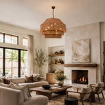 Natural woven drum chandelier room scene.