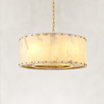 Illuminated natural stone single-tier drum chandelier with brass finish