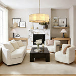 Brass single-tier stone drum chandelier in a furnished living room