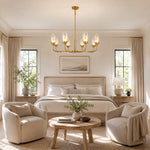 Gold-tone glass chandelier, eight-light bedroom.