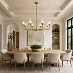 Gold-tone glass chandelier, eight-light dining room.