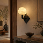 Sculpted Form Orb & Leaf Alabaster Wall Sconce by Dalmivik, complete fixture view