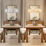 Brass-tone petal chandelier illuminated and unlit above a table.