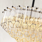 Stepped tube-glass chandelier, clear glass and black upper hardware.