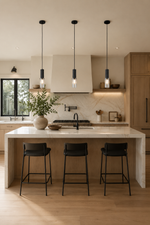 Vertical kitchen scene with the matte-black ribbed glass mini pendant