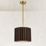 Compact dark ribbed wood drum pendant with a gold-tone interior and single suspension rod.