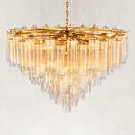 Upper frame and layered glass detail of the round chandelier