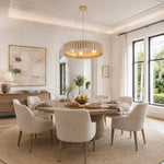 Neutral slatted ring chandelier, 24-inch bright round dining room.