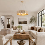 Neutral slatted ring chandelier, 24-inch stair-side living room.