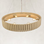 Neutral slatted ring chandelier, 31-inch lit upper-angle fixture.