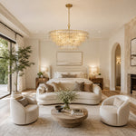 Clear glass chandelier room scene.