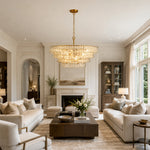 Clear glass chandelier room scene.