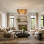 Amber glass chandelier room scene.