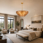 Amber glass chandelier room scene.
