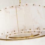 Single-tier panel chandelier, brass-tone rim and panel close view.