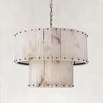 Two-tier panel chandelier, black complete fixture unlit.