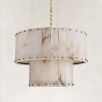 Two-tier panel chandelier, brass-tone complete fixture unlit.