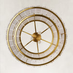 Two-tier panel chandelier, brass-tone underside concentric frame.