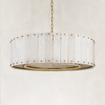 Single-tier panel chandelier, brass-tone complete fixture unlit.