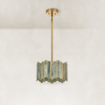 Stained Glass Drum Pendant Light 12.5" in Aged brass, complete fixture light off