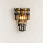Smoke crystal wall sconce with Brass-finish hardware, shown as a complete fixture